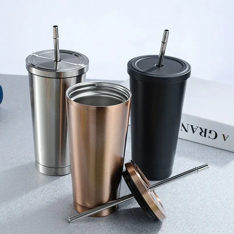 Stainss Steel Coffee Mug 500ml with Lid Beer s for Tea Cup Metal Drink Straw Travel s 220509