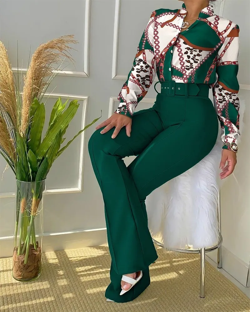 Autumn Trend Casual Leaf Print Buttoned Shirt & High Waist Pants Sst Two Pieces Set Women Tracksuit Office Clothes 220427