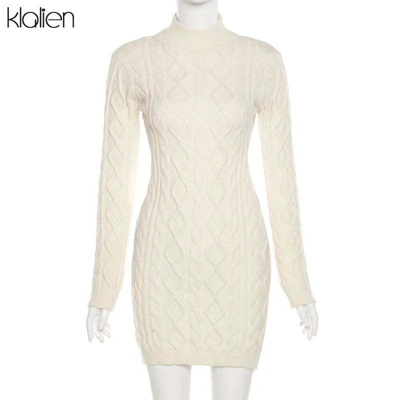 Klalien Sólido Sólido Manga Longa Turtleneck Sweater Vestido Outono Mulheres Quentes Streetwear Stretch Mini Bodycon Vestidos 220406