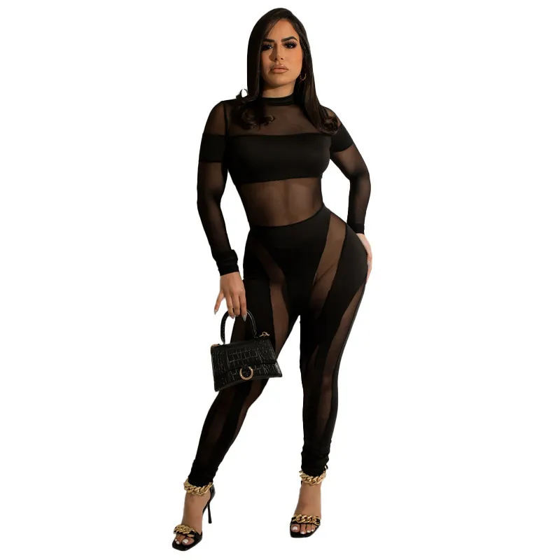 Sexy Sheer Mesh Jumpsuits Women Party Club Outfit Overalls Summer Neon Color Patchwork Long Sleeve See Through Rompers Fitness 220714