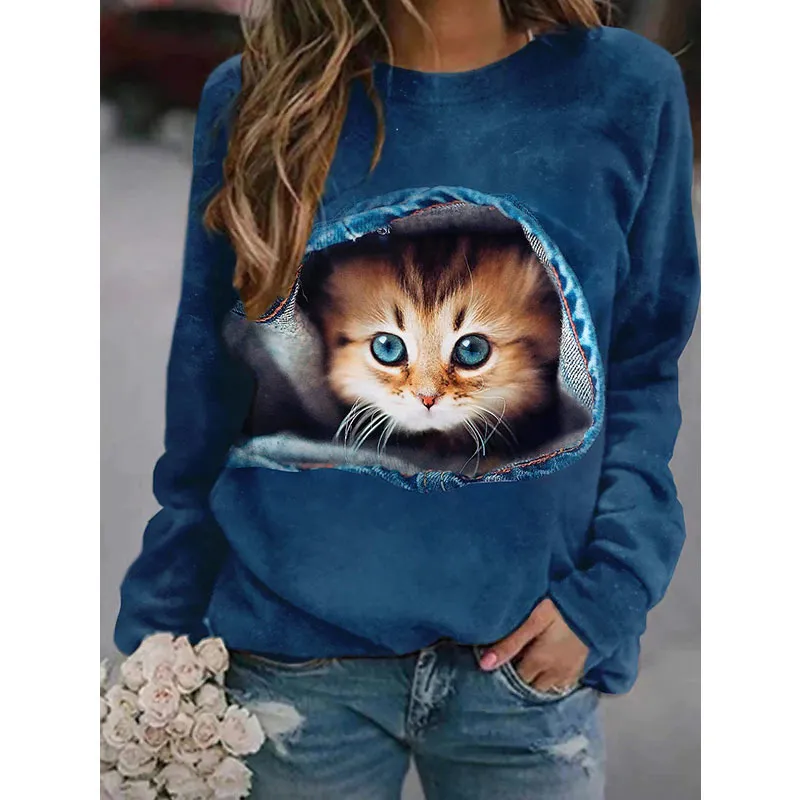 Y2K CAT 3D Print T-shirt Kvinnor Fashion Casual O-Neck Topps Långärmning Spring Summer Vintage Oversize Pullover T Shirts 220321