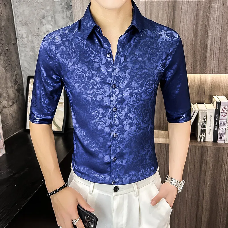 Camisas de seda azul royal Festa de casamento masculino Use blusas de cetim lisas para o verão elegante e elegante roupas masculinas Slim Fit Club