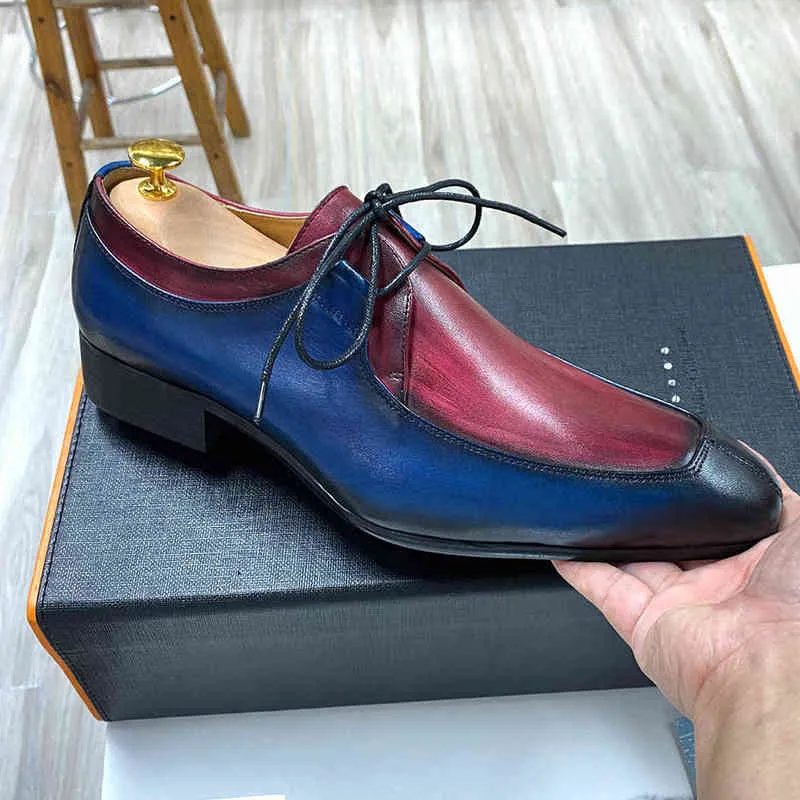 Mens Oxford Shoes Vintage Blue and Red Mixed Colors Design Genuine Cow Leather Dress Shoes Formal Business Office Lace Up Shoes