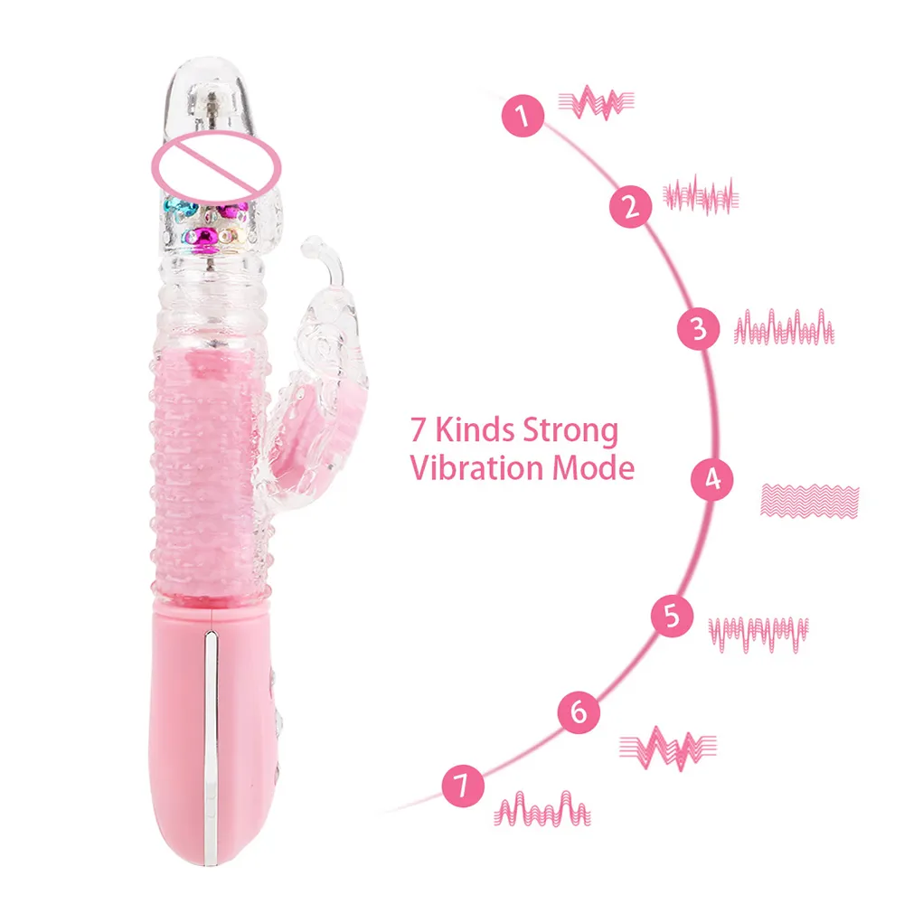 7 Frekvenser kaninvibrator teleskopisk dildo inbyggd kulrotationsvibration g spot kvinnlig onani