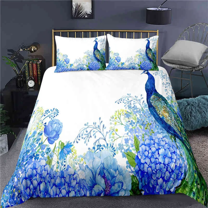 Set copripiumino pavone Plum Blossom Decor Biancheria da letto King Size Crane Feather Motivo floreale Trapunta a tema romantico