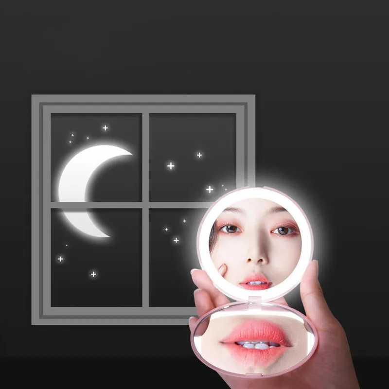 Mini Pocket LED Makeup Mirror Portable Compact 10X Magnifying Brightness with Light Round Hand 220509