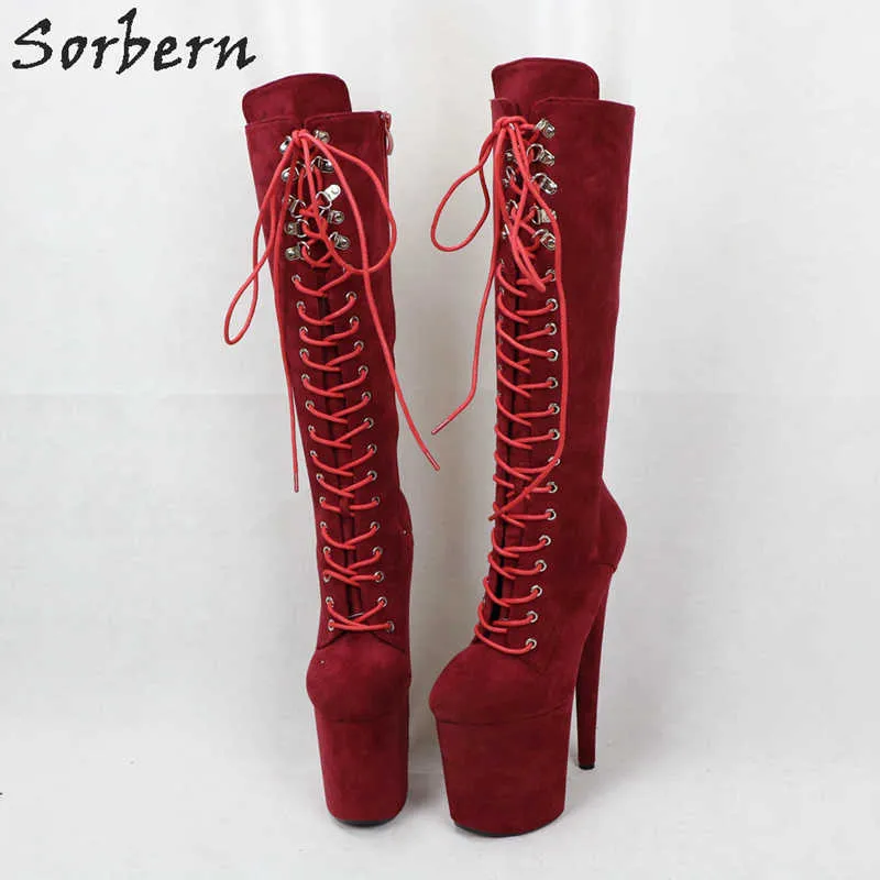 Sorbern vin rouge femmes bottes décapant talon mi-mollet botte extrême haut talon 20 cm d'épaisseur plate-forme chaussures taille 11 personnalisé