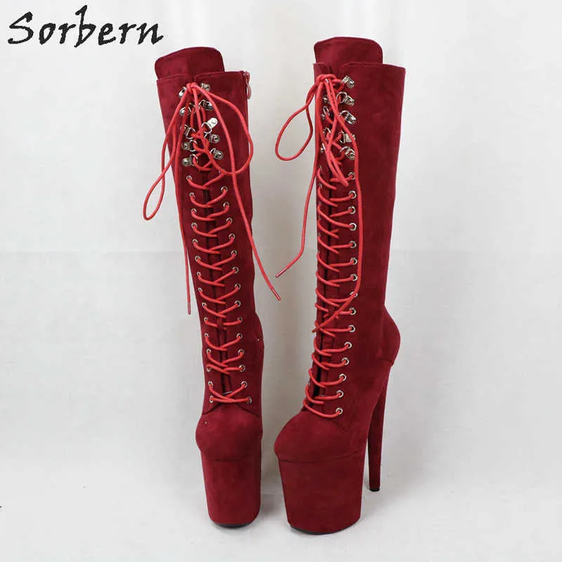 Sorbern Vinho Vermelho Mulheres Botas Stripper Heel Meados Bolf Boot Extreme High Heal Calcanhar 20 cm Espessura Plataforma Sapatos Tamanho 11 Personalizado