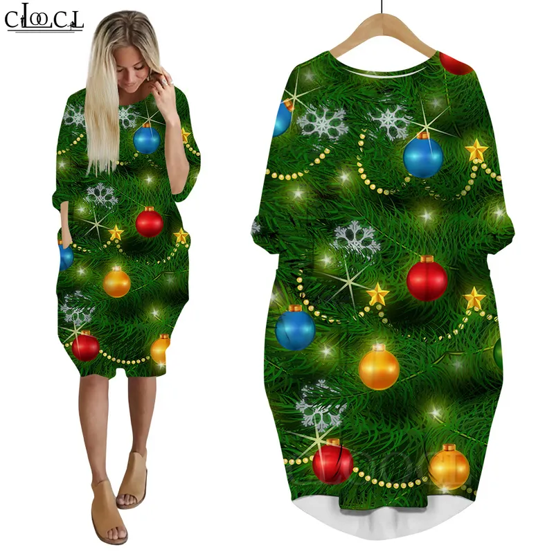 Weihnachten Santa Claus Kleid 3D Gedruckt Baggy Frauen Kleider Langarm Weibliche Kleid Taschen Kleider für Party und Weihnachten W220616