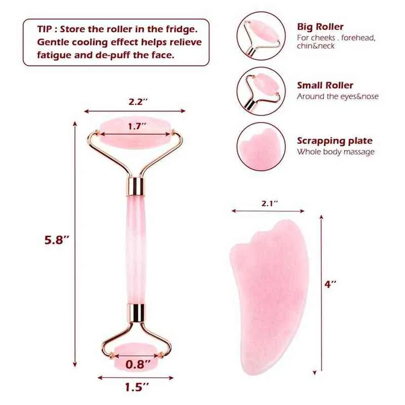 Naturel Rose Quartz Rouleau Visage Jade Pierre Gua sha Grattoir Visage Lifting Massage Peau Yeux Corps Masseur Beauté Soins Tool220429