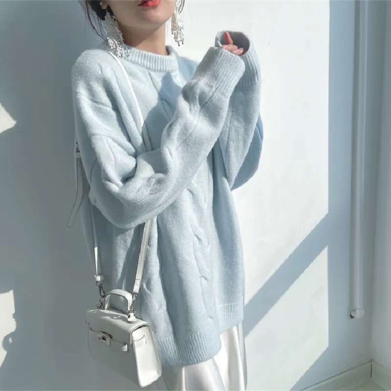 Hiver femmes vêtements pull mode coréenne lâche Vintage paresseux vent bleu col rond pull manches longues tricot hauts 220817