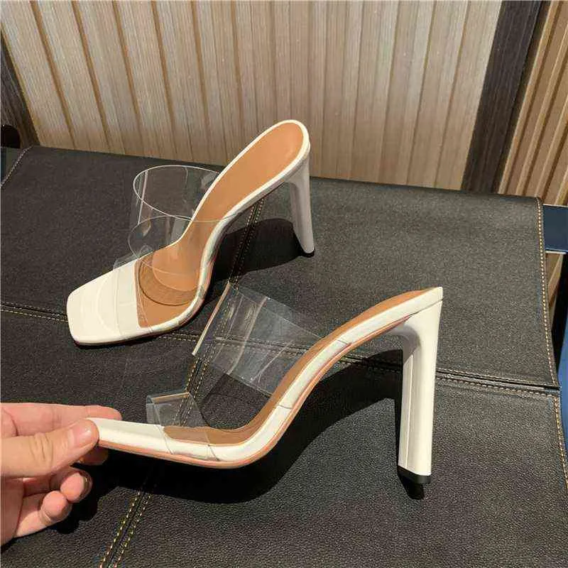 Nowe letnie przezroczyste sandały damskie środkowe obcasy gęste pięta kryształowe buty na obcasie bajki w stylu Sandały One Line Obcasy G220527