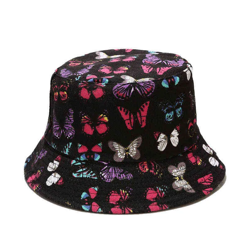 해변 모자 면화 양동이 모자 여성 나비 프린트 선 스크린 파나마 모자 Sunbonnet 야외 더블 사이드 유니섹스 어부 모자 G220418