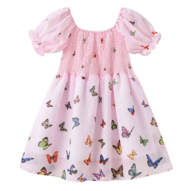 2022 New Baby Girl Summer Puff Sleeve Tulle Dress Cute Cartoon Butterfly Print Kids Dresses Clothes Children Casual Vestido Gift G220518