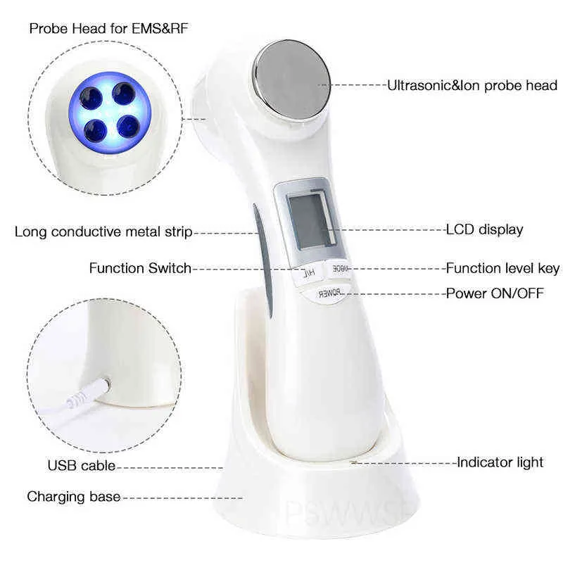 6 in 1 RF EMS 미세 화폐 중간 요법 피부 리프팅 마사지 LED 광자 회춘 뷰티 머신 턱 슬리밍 페이스 케어 도구 220520