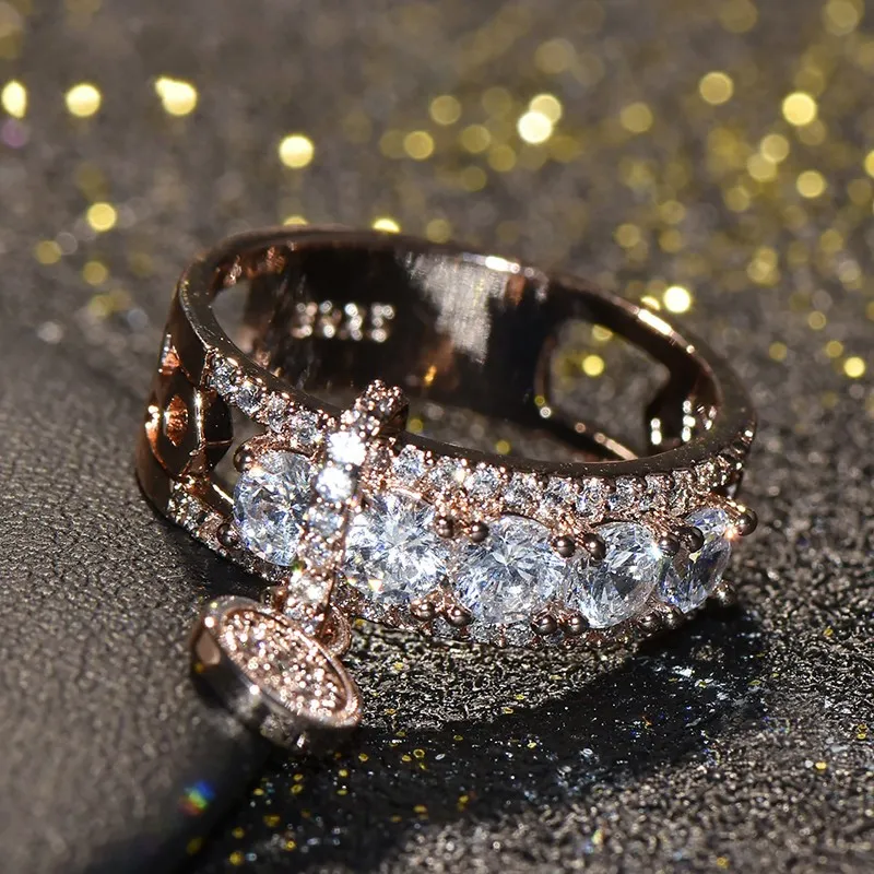 Markenband Luxus Diamant Schlüsselringe Schmuck 925 Sterling Silber Weiß Klar Topas CZ für Frauen Hochzeit Vintage Ring159Z
