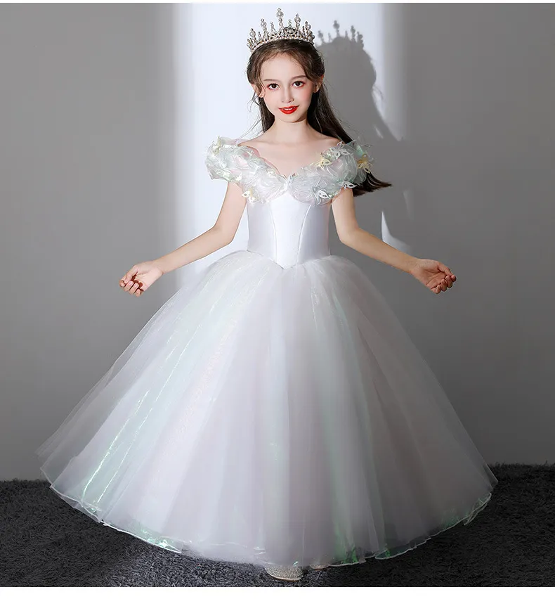 2022 Longo Princesa Cinderella Flor Menina Vestidos Off-the-ombro Comprimento do Chão Bola Vestido Blue Kids Pageant Vestidos Mais Novos Design Custom