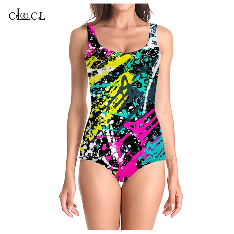 Coloré peinture éclaboussures 3D imprimer filles une pièce maillot de bain maillot de bain sans manches mince Sexy maillot de bain 220617