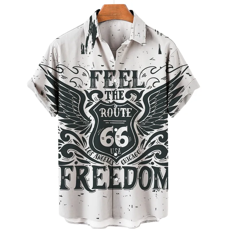 Summer Retro Mens Hawaiian Shirts US Route 66 3D Printed Loose Breatble Buton Down Short Sleeve Holiday Beach Shirts For Men 220607