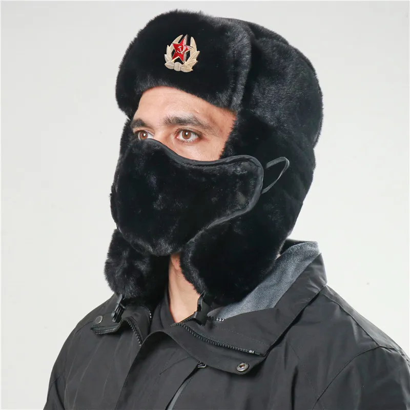 CAMOLAND Soviet Army Military Badge Bomber Hat Men Women Russia Ushanka Hats Faux Rabbit Fur Earflap Snow Caps Trapper 220817gx