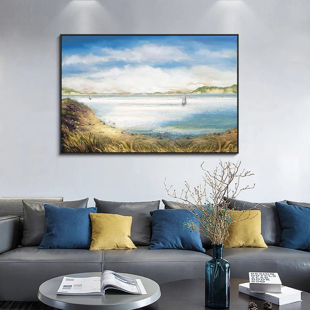 海のキャンバスの抽象白いヨット絵画ノルディック風景ポスターとリビングルームの家の装飾のための印刷壁アート画像