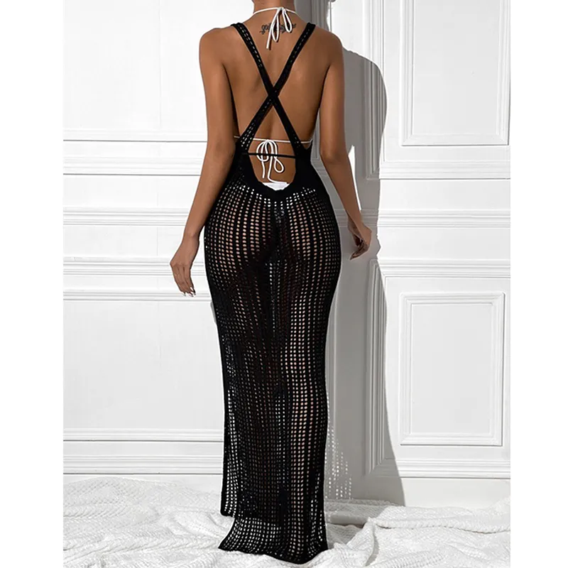 Kvinnor Sexig bikini -täckning UPS Solid Hollow Sleeveless Transparent Belted Split Maxi Dress Kvinnliga badkläder Baddräkt Baddräkt 220524