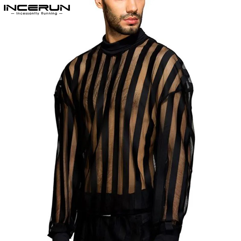 INCERUN Men Striped T Shirt Mesh Sexy See Through O Neck Long Sleeve Party Nightclub Tee Tops Streetwear Casual Camisetas 7 220407