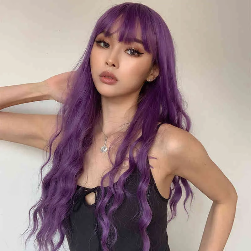 Long Purple Synthetic Body Wavy Wig with Bangs for Black Women Cosplay Party Christmas Halloween Wigs Daily Natural Hair 220622