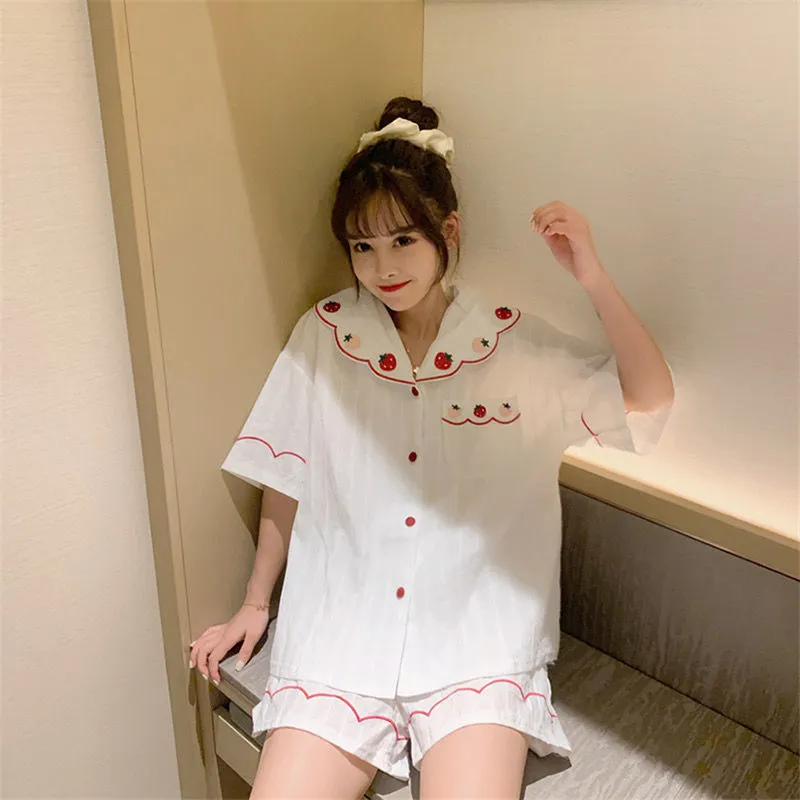 Qweek Women's Pajamas Summer Night Home Suit Sleepwear Cotton Strawberry Embroidery Pijamas Homepwear Pyjamas Kawaii Pj Sets 220329