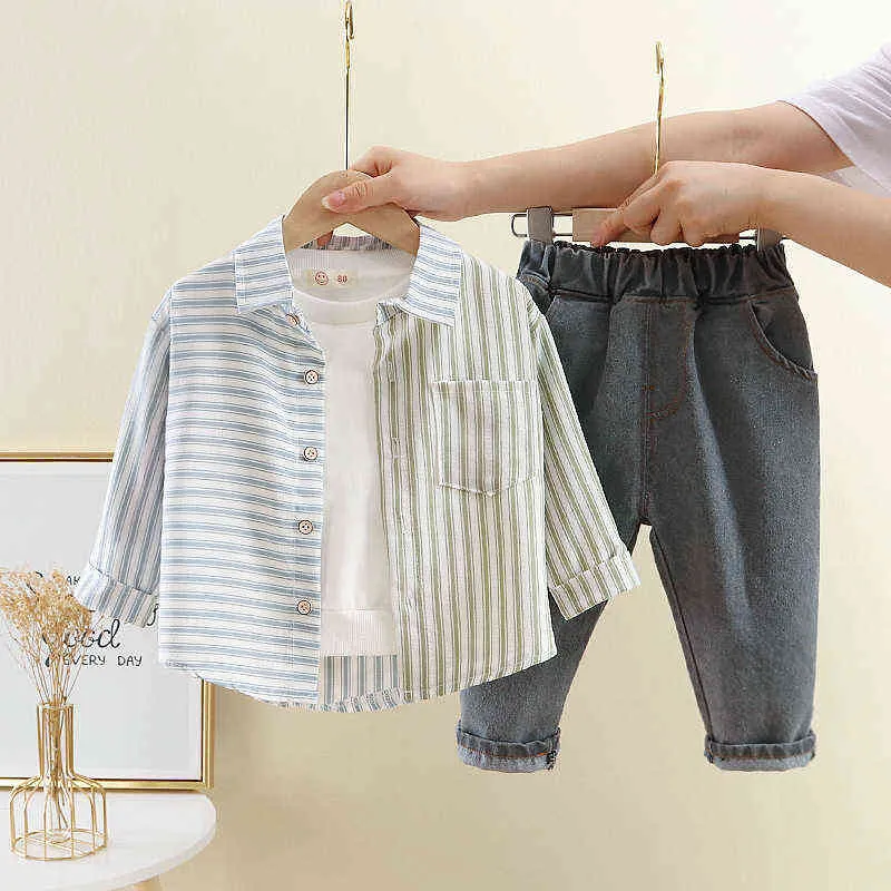 Baby Boys Handsome Fashion Clothing Sets New Spring Autumn Children Stripe Long Sleeve Shirt Jeans Infant Casual Clothes Suits G220509