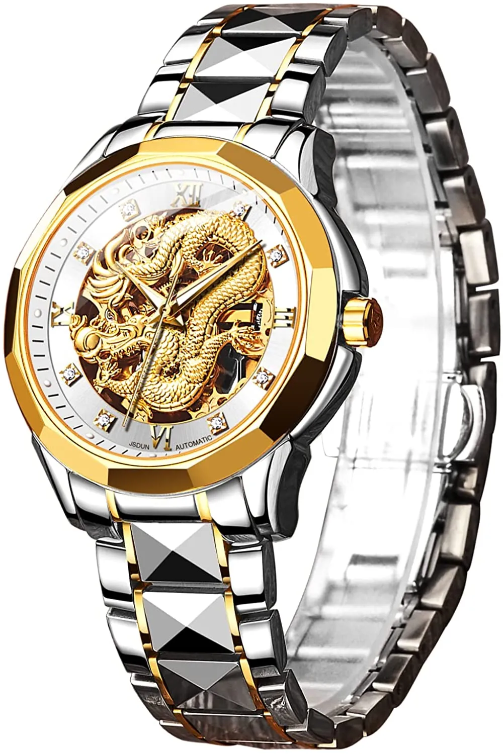 Skeleton Gold Watches for Men Automatic Dragon Mechanical Business Dress with Stainless steel Luminous Waterproof Diamond Fashion WristWatch