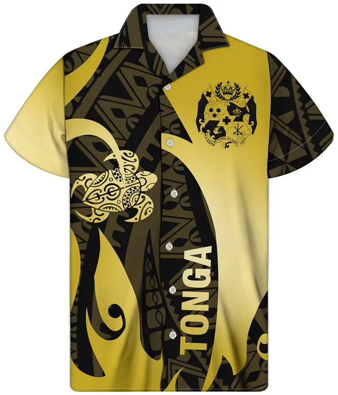 Camicie da uomo personalizzate di alta qualità Tribale polinesiano fondo oro maniche corte leggere a righe stampate top traspiranti 220619