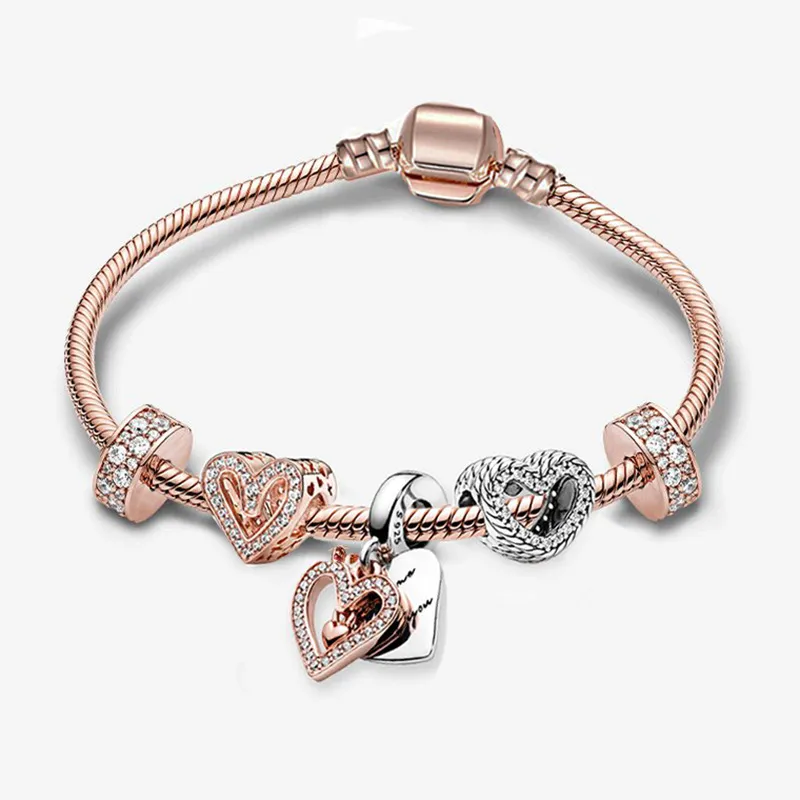 Sterling Silver Beded Armband Luxury Jewelry Set Rose Gold Hot Air Balloon Original Fit Pandora Armband Diy Fashion Diamond Heart Pendant Gift for Women 16-21cm