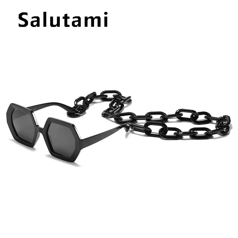 Conjunto de cadena de gafas de sol únicas para mujer, gafas de sol cuadradas poligonales de marca de lujo, gafas Punk Vintage para mujer, tonos Beige para hombre 2205062534