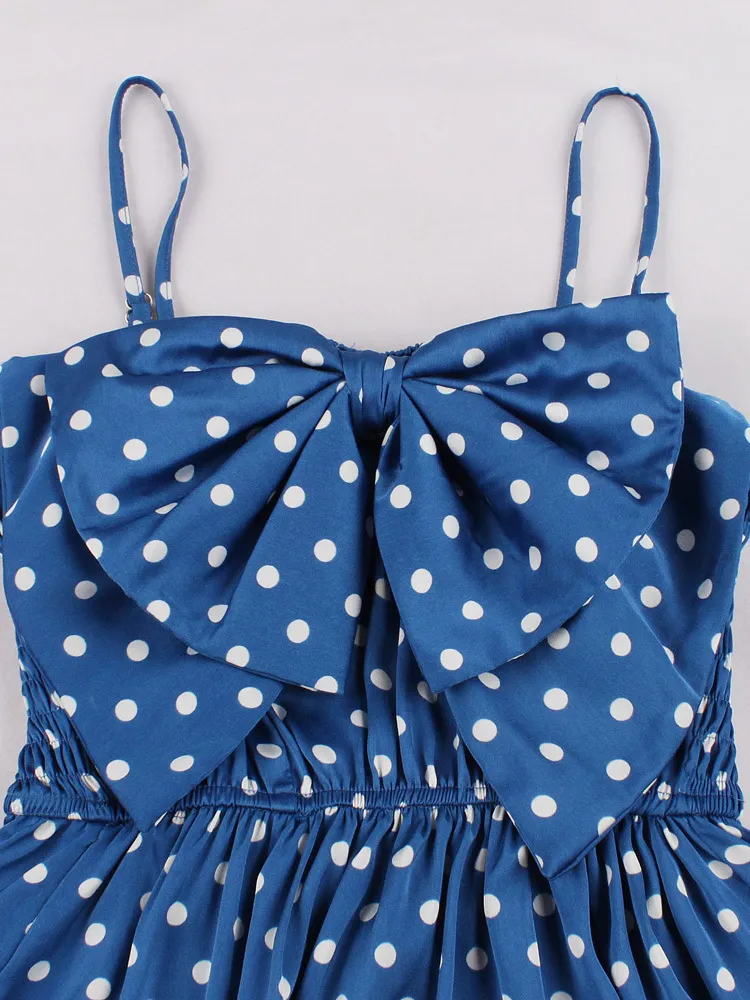 Tonval Blue Polka Dot Bow Pasek Przedni DRES DRES High talia Shirred Plisted Vintage Ubrania 220613