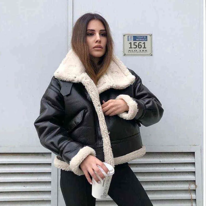 Ardm Fashion Pan Collar Black Patchwork Zipper Teddy Coat Faux Fur Street Style Pu Coat Jackets For Women 2021 L220728
