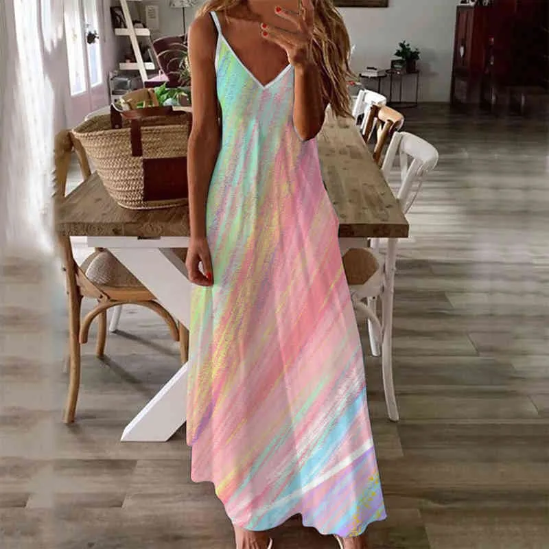 Summer New Women # 039; s Dress Fashion Bretelle sexy Scollo a V Plus Size Stampa tie-dye A-line Gonna lunga Beach Vacation Abito casual Y220526