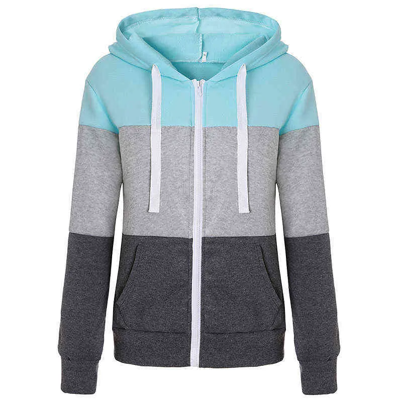 Casual Slim Big Size Clothing Women 5xl Korean Zip Up Hoodie Långärmning Poleron Kontrast Patchwork Kangaroo Pocket Sweatshirt L220706