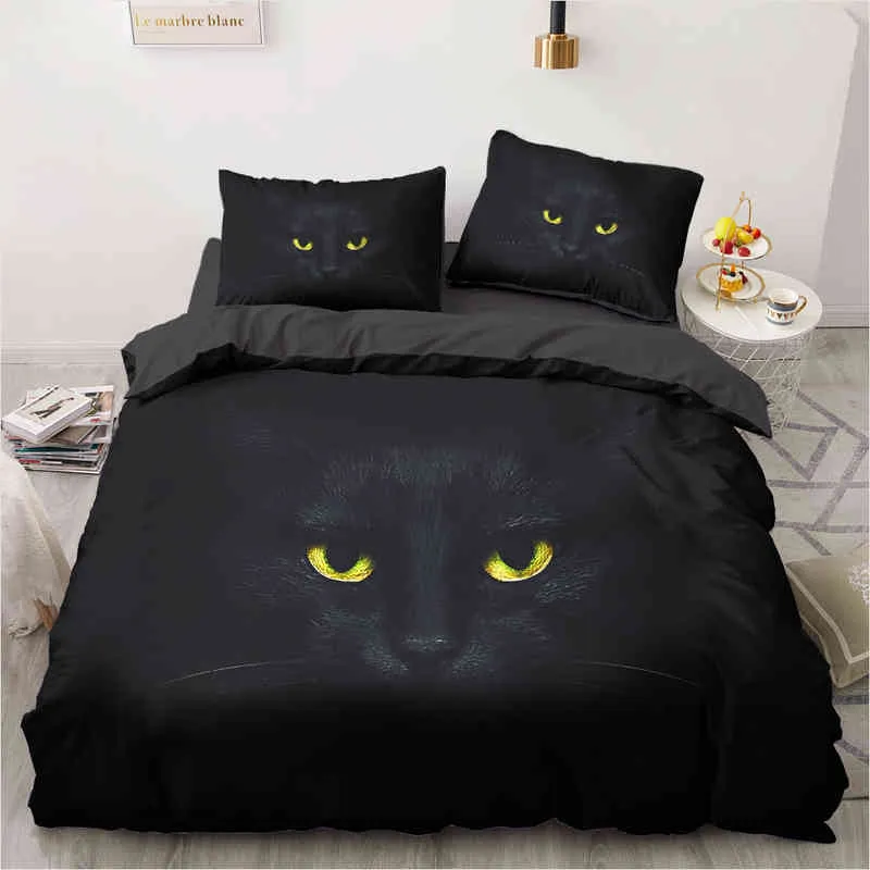Parure de lit chat noir, taille King/Queen, 3D, mignon, bleu foncé, décoration de chambre à coucher, housse de couette pour enfants, adolescents et adultes avec taie d'oreiller