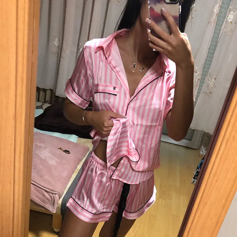 Two Piece Set Ladies Pajamas for Women Sleepwear Pijamas Striped Satin Silk Loungewear Summer Short Luxury Pjamas Home Wear 2203214675981