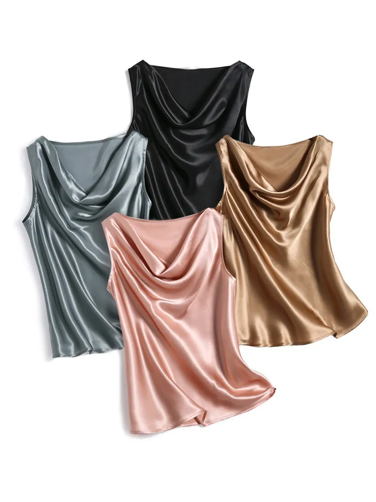 SuyaDream Damen-Seidenhemd, 100 % echtes Satin, drapierter Kragen, ärmellose Tank-Tops, solide Sommerwesten 220318