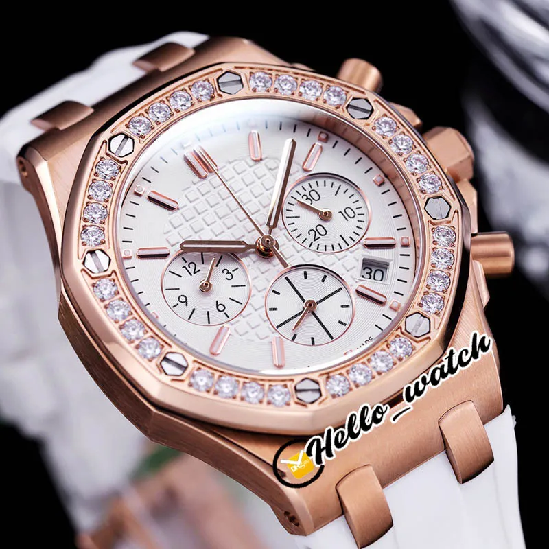 37mm日付26231 Miyota Quartz Chronsograph Womens Watch Pink Texture Dial Stopwatch Rose Gold Case Diamond Bezel Strap Fashi260k