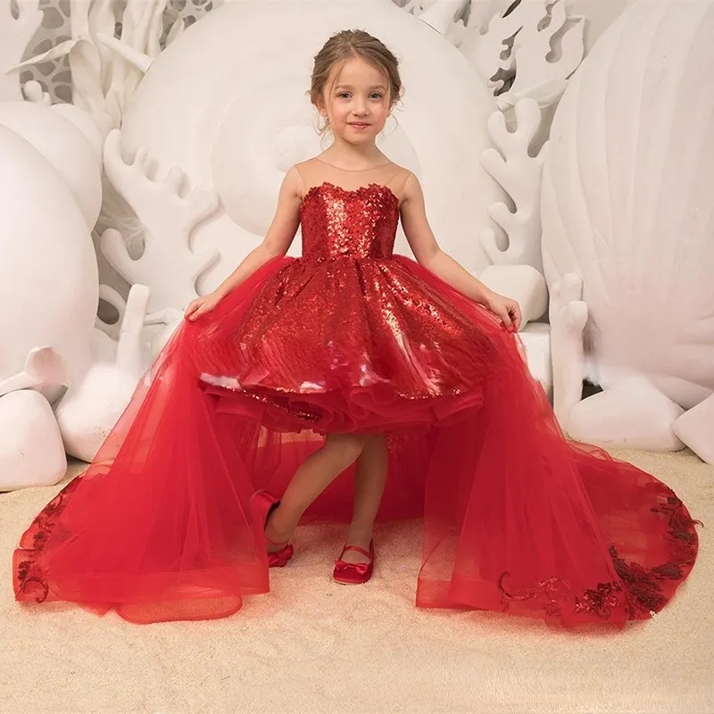 2022 Red Lace Flower Girls Dresses For Weddings Jewel Neck Princess Satin Sequined High Low Little Girls Pageant Dresses With Bow 5498636