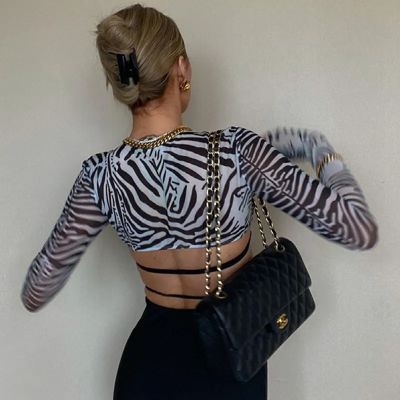 Mode Zebra Print Mesh Bh Crop Tops för kvinnor ser genom långärmad klubbfest Slim Sexig T-shirts Summerkläder Y2K TOP 220525