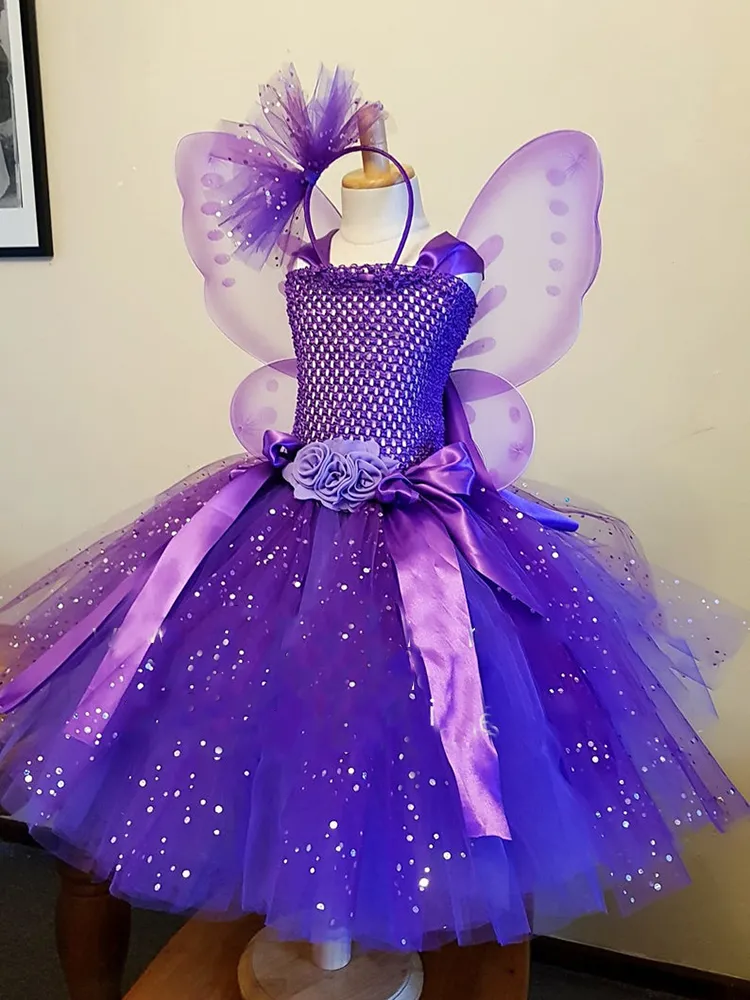 Mädchen Lila Schmetterling Blume Tutu Kleid Kinder Glitzer Tüll Kleid Ballkleid mit Flügel Kinder Geburtstag Party Kostüm Kleider 220707