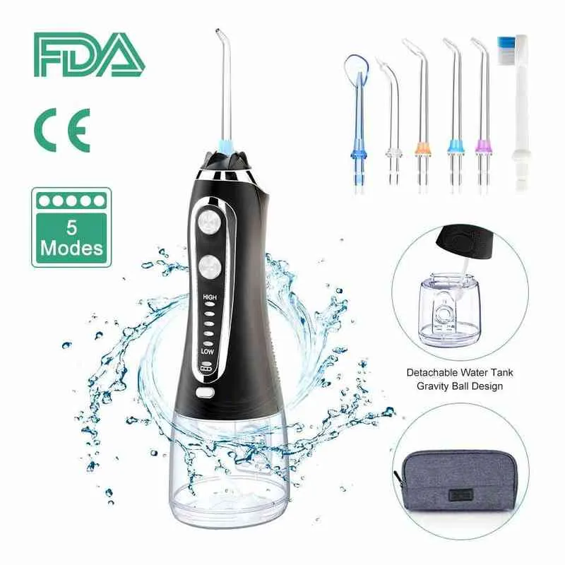 5 Modes Portable 300ml Oral Irrigator USB Rechargeable Dental Water Flosser Jet Waterproof Teeth Cleaner+5 Tips 220510