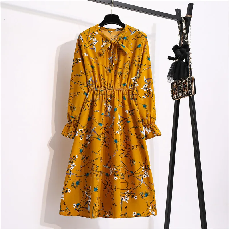 Sonbahar Lady Kore tarzı vintage çiçek şifon kadınlar rahat gömlek elbise uzun kollu midi yaz za kadın elbise 220514