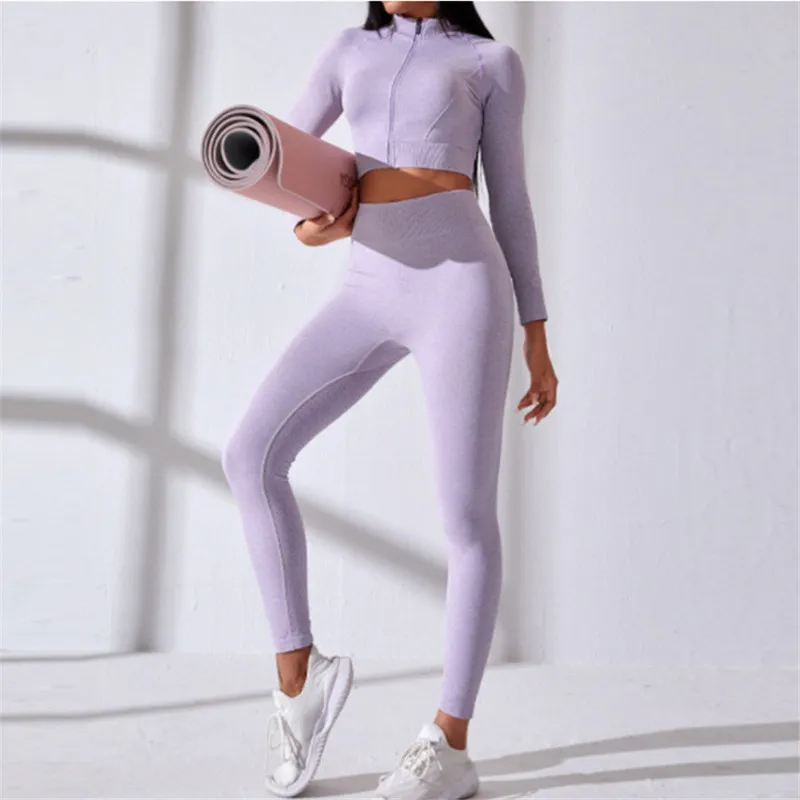 Zagęścić Zipper Kobiety Seamless Yoga Zestaw Sporty Z Długim Rękawem Crop Tops Gym Scrunch Legginsy Workout Ubrania Aktywny 220330