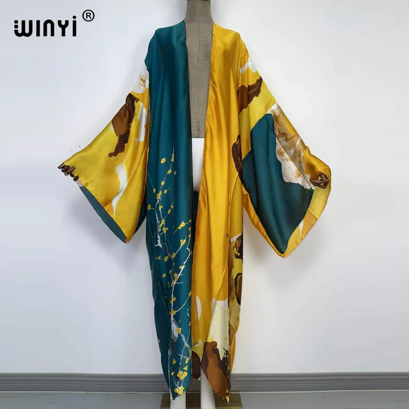 Kimonos Verano Kadın Sukienka Baskı Uzun Kollu Hırka Kadın Bluz Gevşek Plaj Kapak Boho Elbise Partisi Kaftan 220507