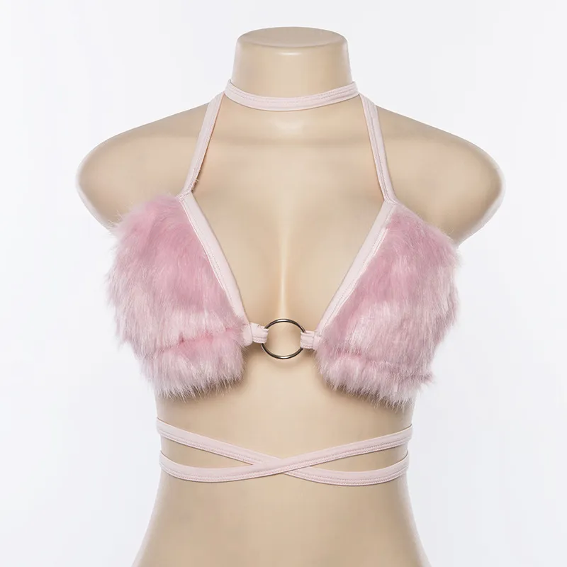 Fluffy Faux Fur Pink Bra Crop Top Sexy Festival Rave Halter Women Party Club Summer Beach Backless Bandage Bralette Camis 220325